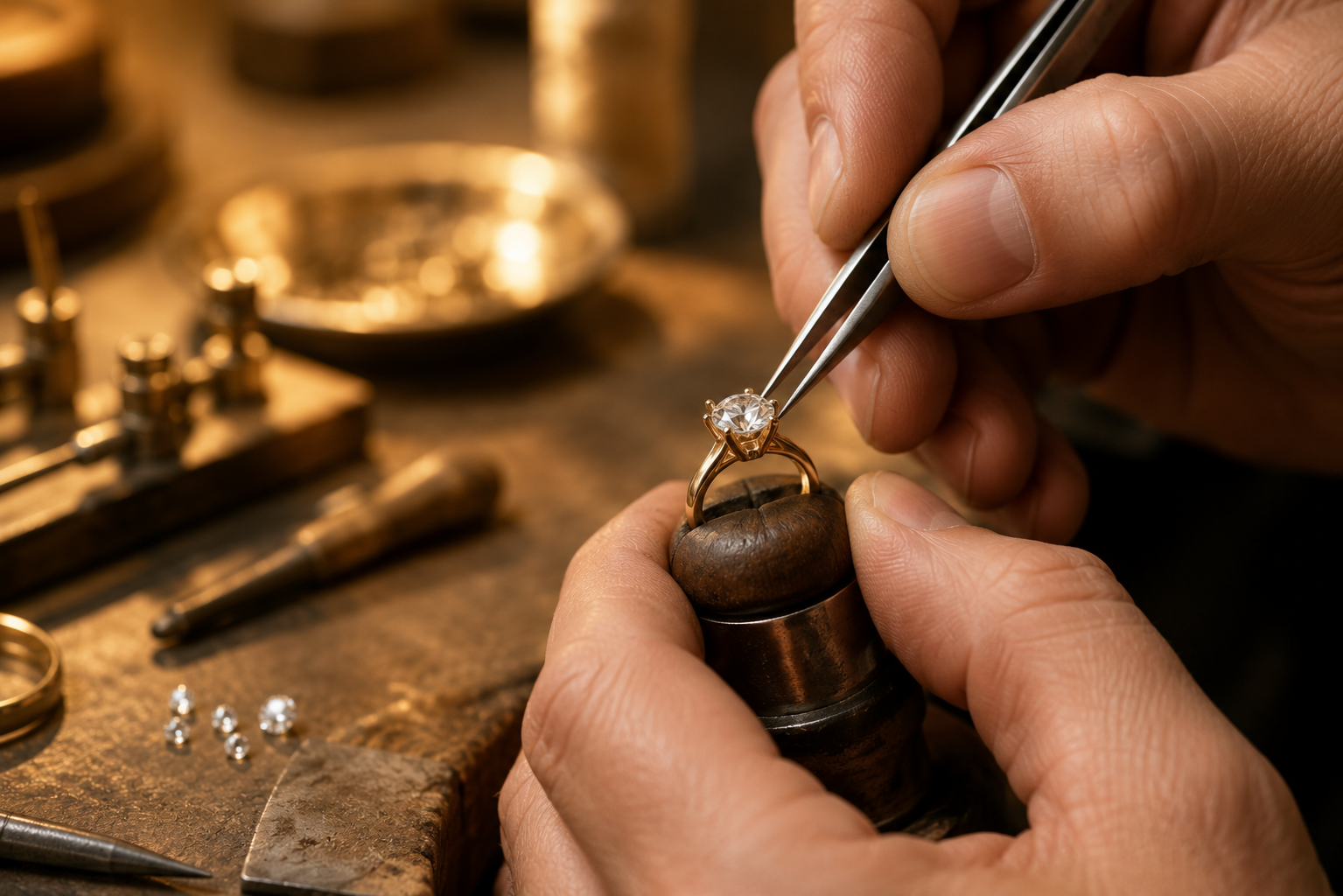 A goldsmith setting a diamond by hand at the workshop