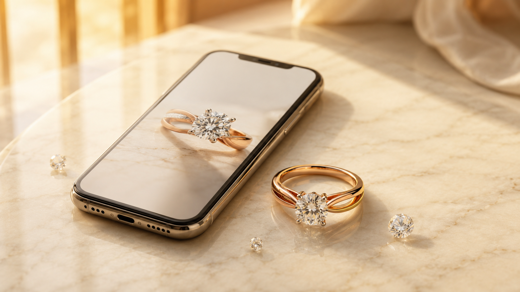 A diamond ring shown on a phone beside the same piece handcrafted at our workshop